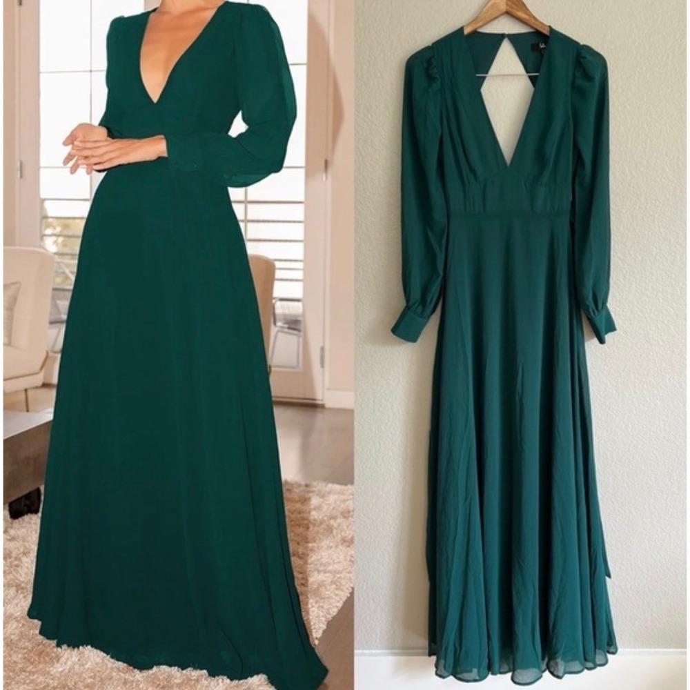 Lulus Maxi Dress Womens S Green Excellent Long Sleeve Open Back V-Neck Chiffon